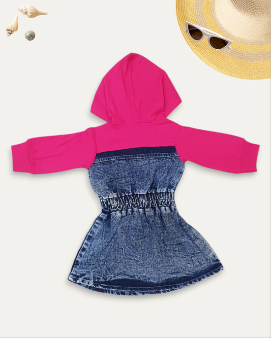 GIRLS HOODIE STYLE DENIM FROCK (HOT PINK) (1-6 YEARS)
