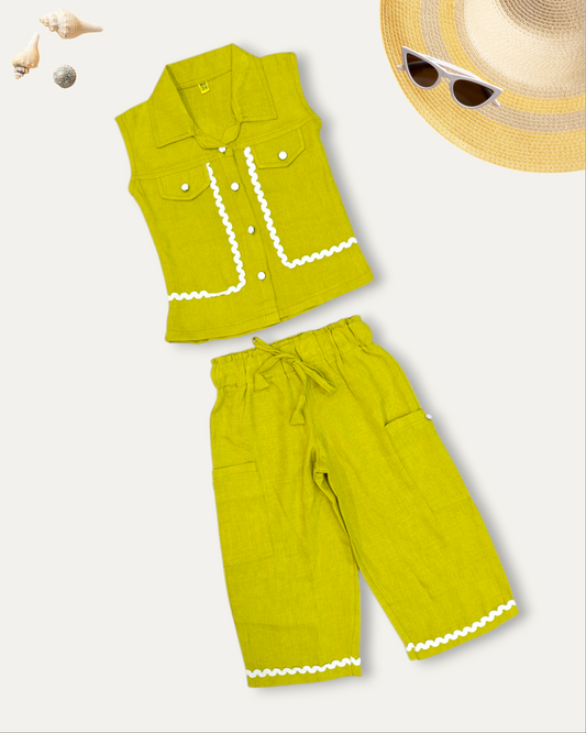 GIRLS SLEEVELESS SHIRT & CARGO PANTS CO-ORD SET (LIME GREEN) (1-12 YEARS)