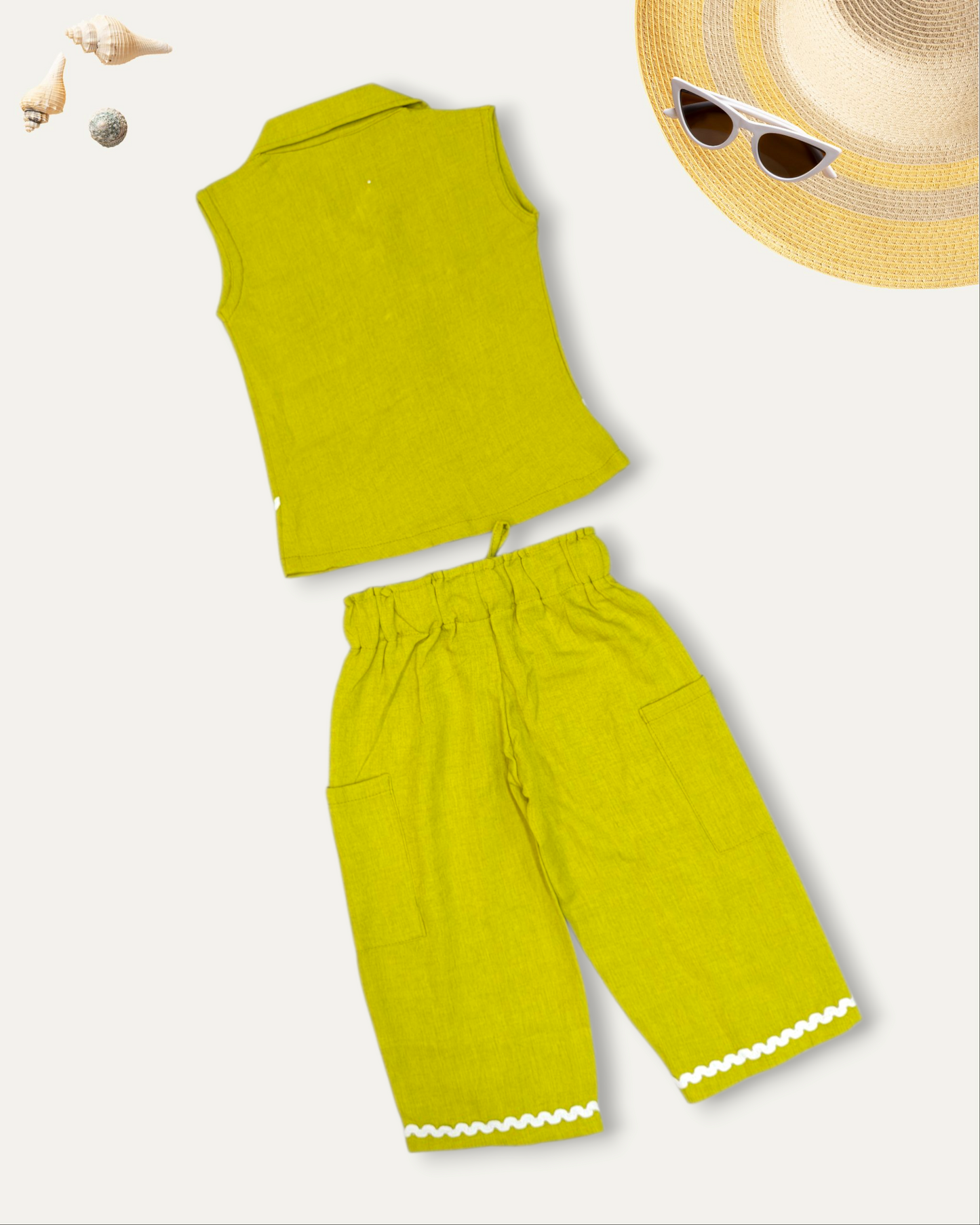 GIRLS SLEEVELESS SHIRT & CARGO PANTS CO-ORD SET (LIME GREEN) (1-12 YEARS)