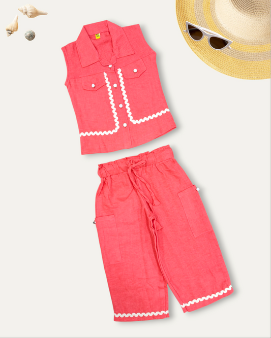 GIRLS SLEEVELESS SHIRT & CARGO PANTS CO-ORD SET (TOMATO) (1-12 YEARS)
