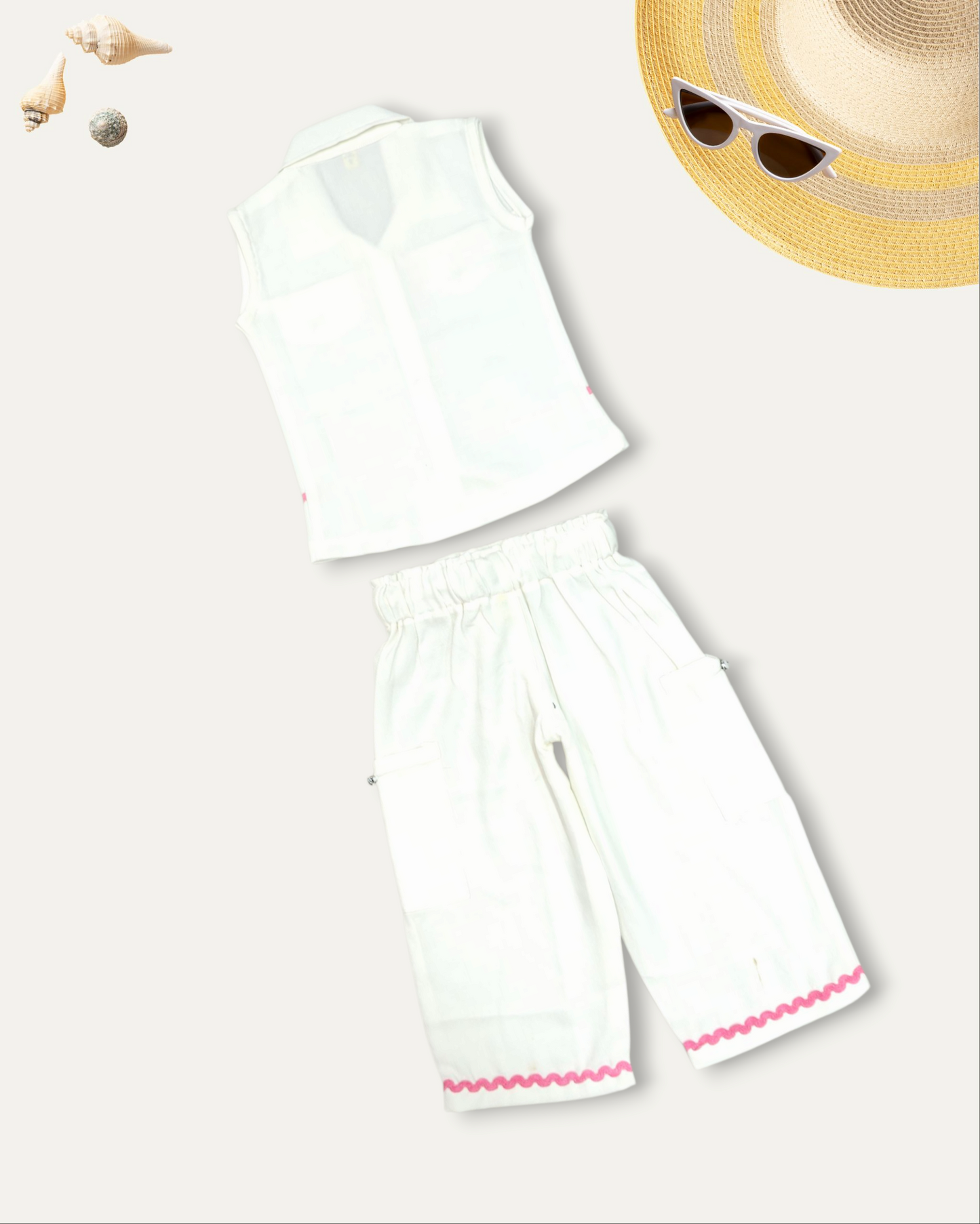 GIRLS SLEEVELESS SHIRT & CARGO PANTS CO-ORD SET (WHITE) (1-12 YEARS)