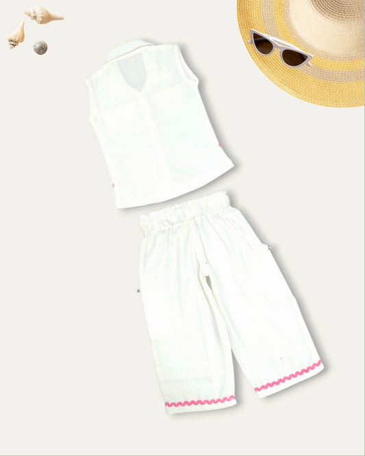 GIRLS SLEEVELESS SHIRT & CARGO PANTS CO-ORD SET (WHITE) (1-12 YEARS)