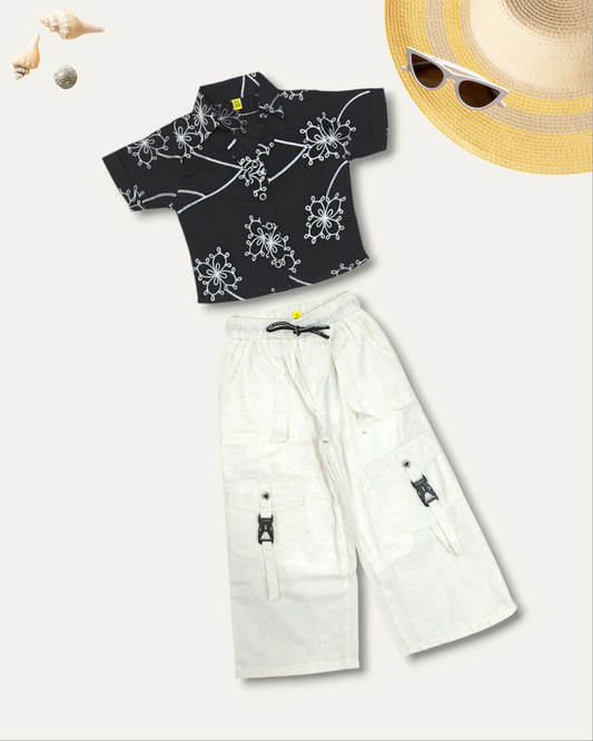 GIRLS FLORAL SHIRT & CREAM CARGO CO-ORD SET (BLACK) (4-12 YEARS)