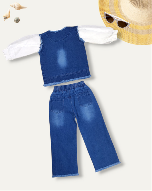 GIRLS DENIM CO-ORD SET WITH PUFF SLEEVES (4-12 YEARS)