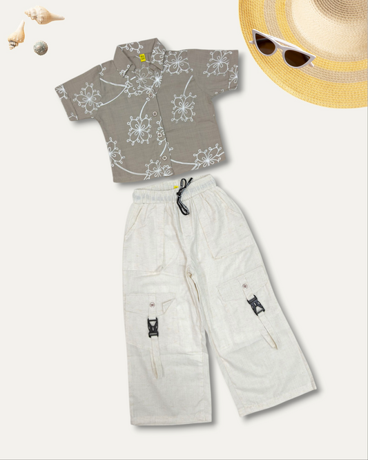 GIRLS FLORAL SHIRT & CREAM CARGO CO-ORD SET (BROWN) (4-12 YEARS)