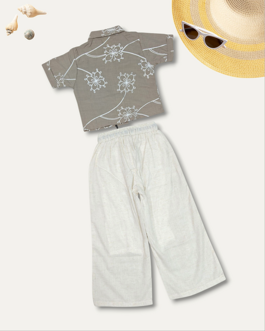 GIRLS FLORAL SHIRT & CREAM CARGO CO-ORD SET (BROWN) (4-12 YEARS)