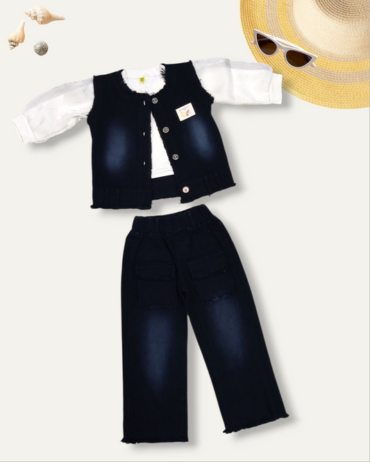 GIRLS DENIM CO-ORD SET WITH PUFF SLEEVES (BLACK WASH) (4-12 YEARS)