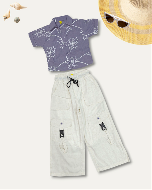 GIRLS FLORAL SHIRT & CREAM CARGO CO-ORD SET (LAVENDER) (4-12 YEARS)