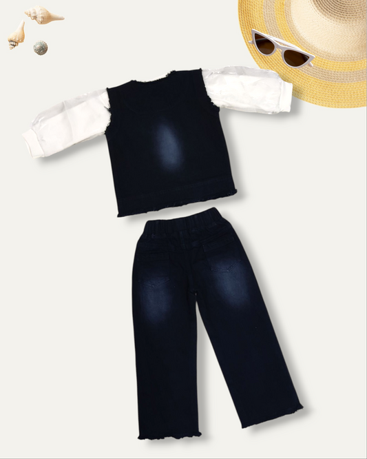 GIRLS DENIM CO-ORD SET WITH PUFF SLEEVES (BLACK WASH) (4-12 YEARS)