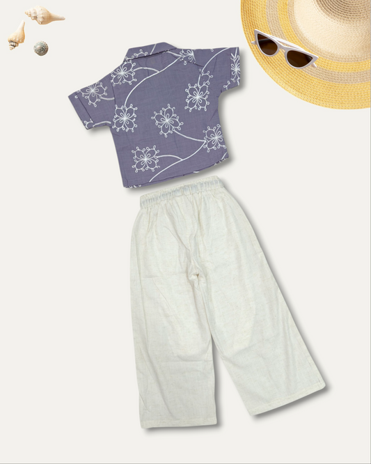 GIRLS FLORAL SHIRT & CREAM CARGO CO-ORD SET (LAVENDER) (4-12 YEARS)