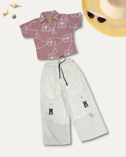 GIRLS FLORAL SHIRT & CREAM CARGO CO-ORD SET (ONION PINK) (4-12 YEARS)