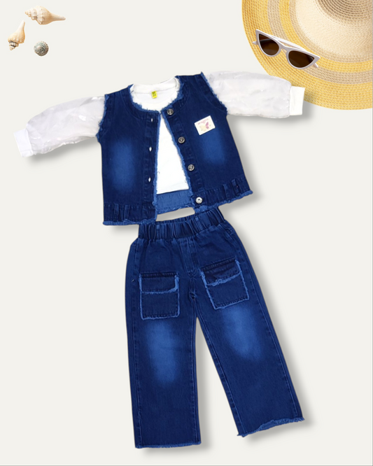 GIRLS DENIM CO-ORD SET WITH PUFF SLEEVES (NAVY WASH) (4-12 YEARS)
