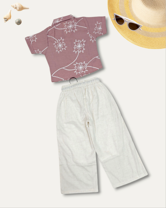 GIRLS FLORAL SHIRT & CREAM CARGO CO-ORD SET (ONION PINK) (4-12 YEARS)