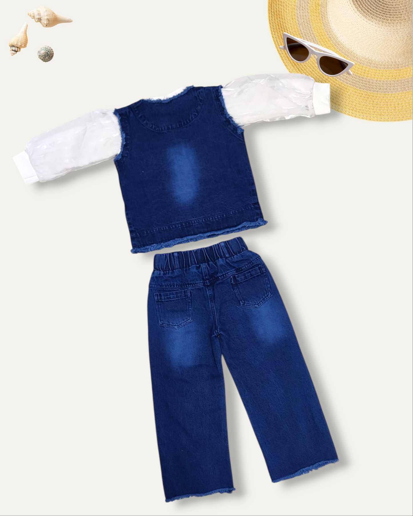GIRLS DENIM CO-ORD SET WITH PUFF SLEEVES (NAVY WASH) (4-12 YEARS)
