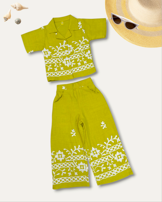 GIRLS FLORAL EMBROIDERED CO-ORD SET (LIME GREEN) (4-12 YEARS)