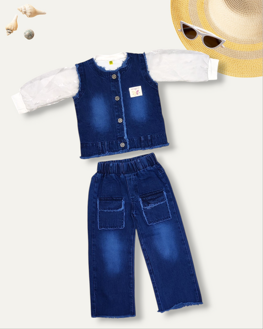 GIRLS DENIM CO-ORD SET WITH PUFF SLEEVES (NAVY WASH) (4-12 YEARS)