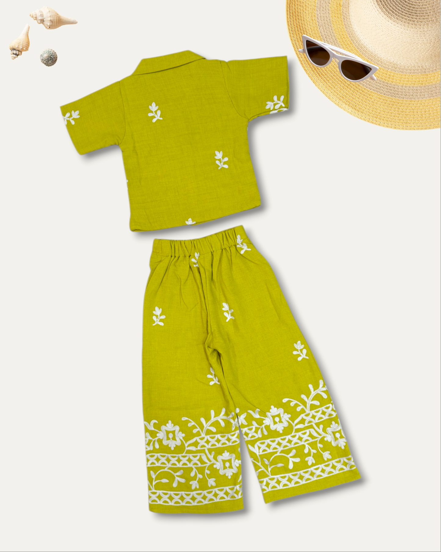 GIRLS FLORAL EMBROIDERED CO-ORD SET (LIME GREEN) (4-12 YEARS)