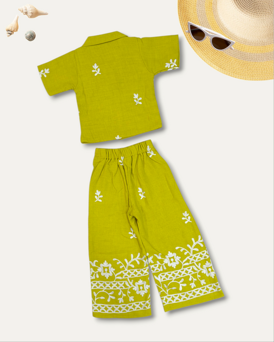 GIRLS FLORAL EMBROIDERED CO-ORD SET (LIME GREEN) (4-12 YEARS)