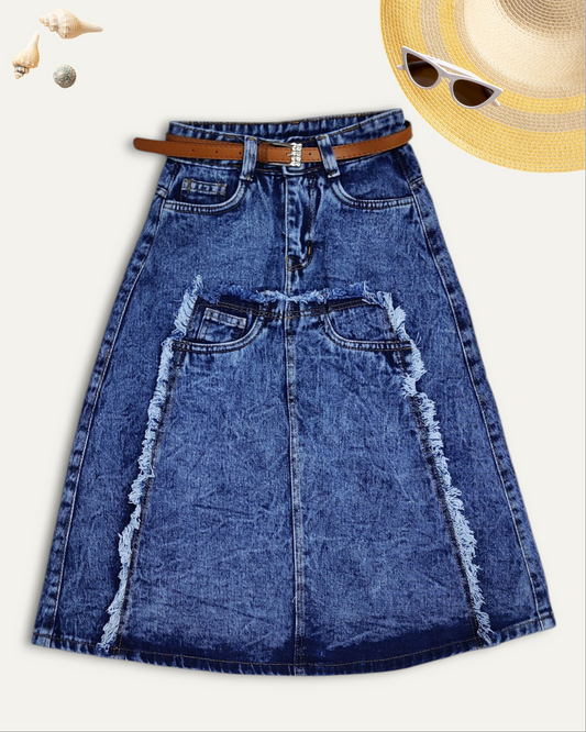 GIRLS DENIM SKIRT FLARE FIT WITH LEATHER BELT (BLUE WASH) (4-12 YEARS)