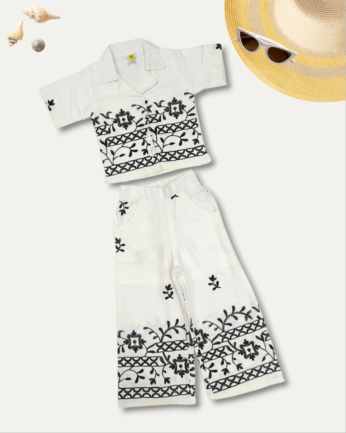GIRLS FLORAL EMBROIDERED CO-ORD SET (WHITE) (4-12 YEARS)