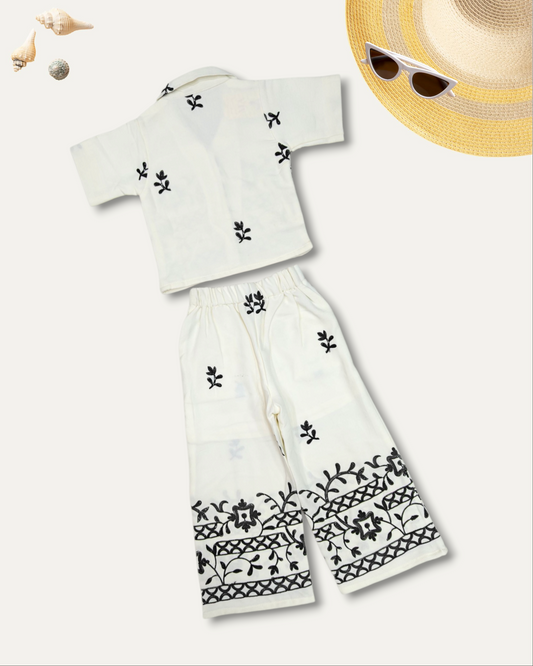 GIRLS FLORAL EMBROIDERED CO-ORD SET (WHITE) (4-12 YEARS)