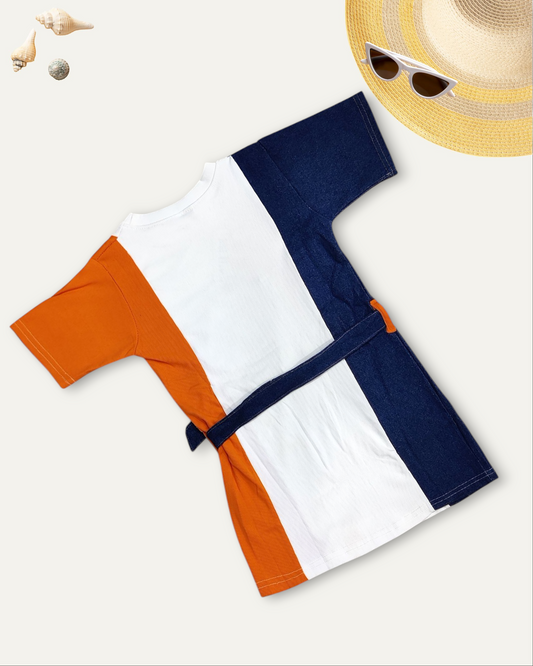 GIRLS COLOURBLOCK DENIM DRESS (ORANGE) (3-11 YEARS)