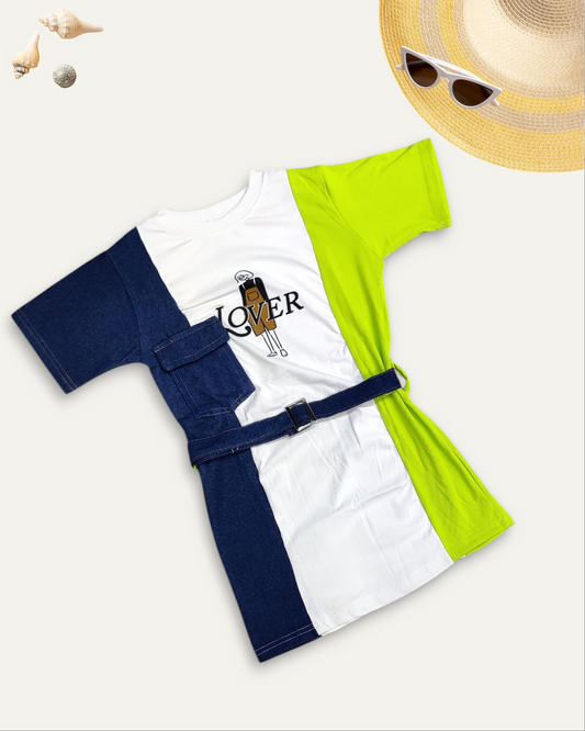 GIRLS COLOURBLOCK DENIM DRESS (NEON GREEN) (3-11 YEARS)