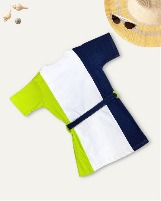 GIRLS COLOURBLOCK DENIM DRESS (NEON GREEN) (3-11 YEARS)