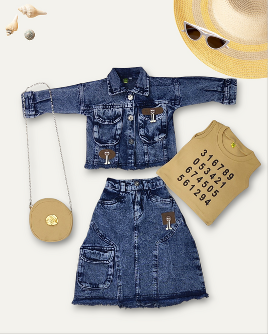 GIRLS DENIM SKIRT CO-ORD SET WITH A SLING (NAVY WASH) (1-12 YEARS)
