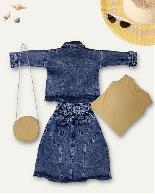 GIRLS DENIM SKIRT CO-ORD SET WITH A SLING (NAVY WASH) (1-12 YEARS)