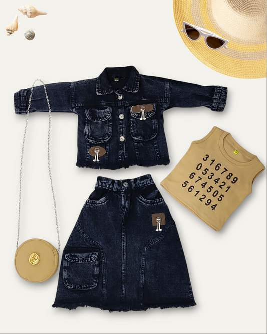 GIRLS DENIM SKIRT CO-ORD SET WITH A SLING (BLACK WASH) (1-12 YEARS)