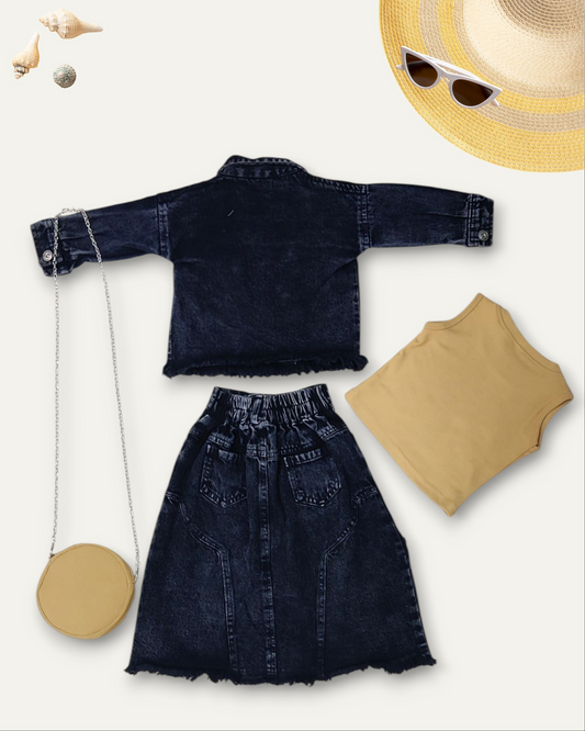 GIRLS DENIM SKIRT CO-ORD SET WITH A SLING (BLACK WASH) (1-12 YEARS)