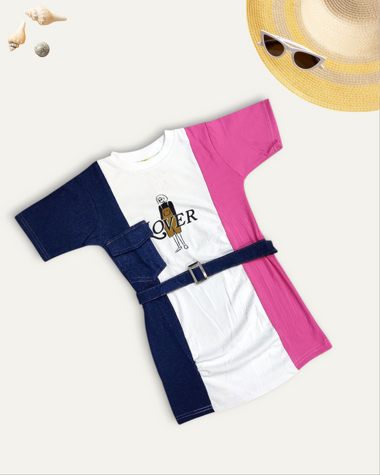GIRLS COLOURBLOCK DENIM DRESS (PINK) (4-12 YEARS)