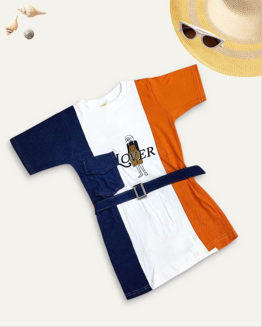 GIRLS COLOURBLOCK DENIM DRESS (ORANGE) (3-11 YEARS)