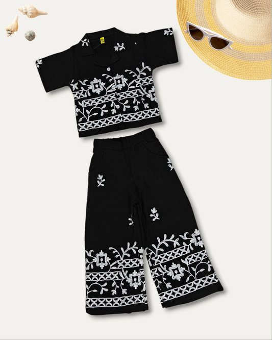 GIRLS FLORAL EMBROIDERED CO-ORD SET (BLACK) (4-12 YEARS)