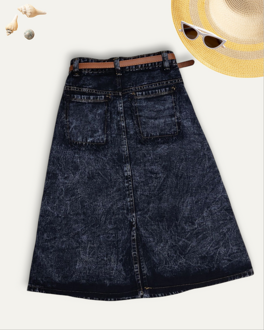 GIRLS DENIM SKIRT FLARE FIT WITH LEATHER BELT (BLACK WASH) (4-12 YEARS)