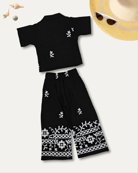 GIRLS FLORAL EMBROIDERED CO-ORD SET (BLACK) (4-12 YEARS)