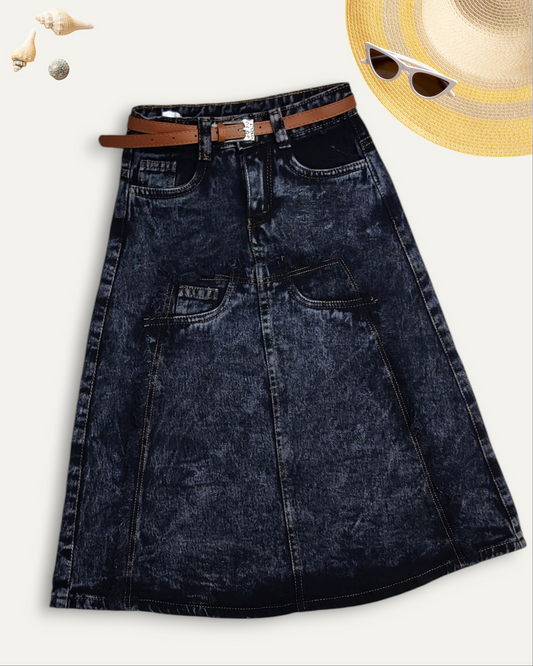 GIRLS DENIM SKIRT FLARE FIT WITH LEATHER BELT (BLACK WASH) (4-12 YEARS)