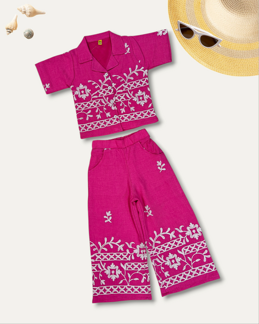 GIRLS FLORAL EMBROIDERED CO-ORD SET (HOT PINK) (4-12 YEARS)