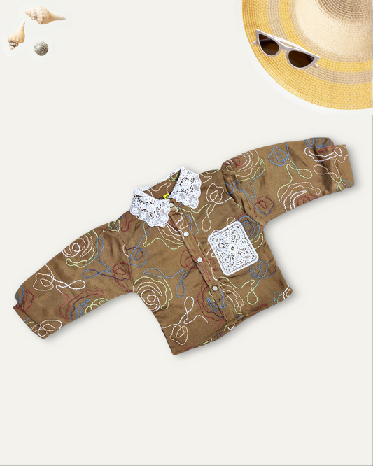 GIRLS EMBROIDERED LACE COLLAR TOP (BROWN) (4-12 YEARS)