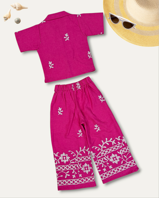 GIRLS FLORAL EMBROIDERED CO-ORD SET (HOT PINK) (4-12 YEARS)