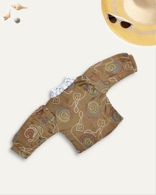 GIRLS EMBROIDERED LACE COLLAR TOP (BROWN) (4-12 YEARS)
