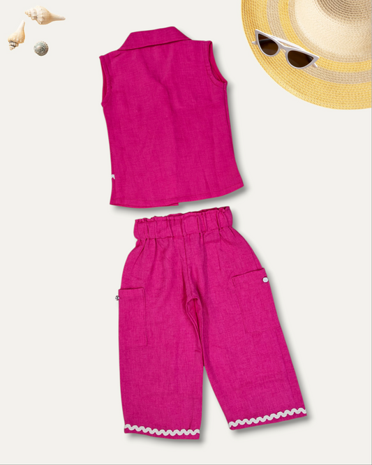 GIRLS SLEEVELESS SHIRT & CARGO PANTS CO-ORD SET (HOT PINK) (1-12 YEARS)
