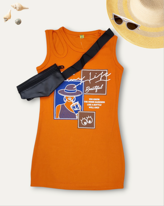 GIRLS SLEEVELESS DRESS WITH CROSSSBODY POUCH (ORANGE) (2-8 YEARS)