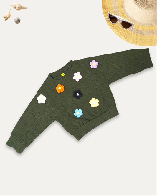 GIRLS SWEATSHIRT WITH 3D FLOWERS (DARK GREEN) (4-12 YEARS)