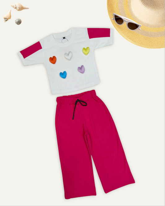 GIRLS HEART PATCH WORK CO-ORD SET (4-12 YEARS) (PINK)