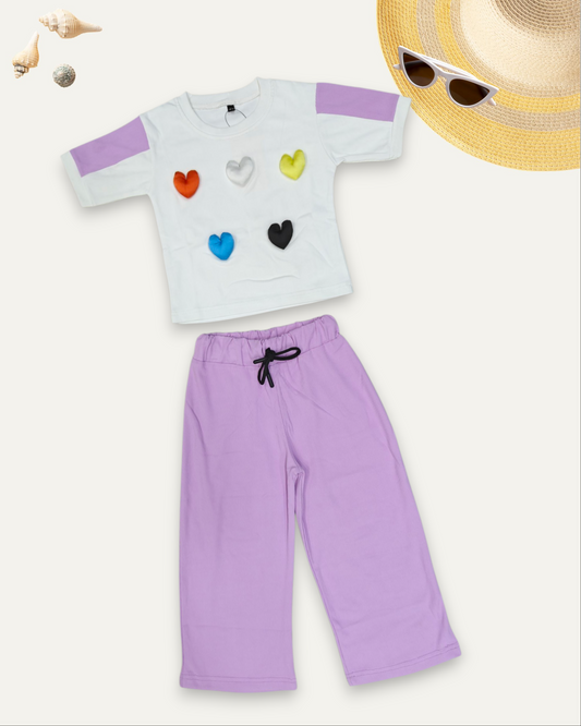GIRLS HEART PATCH WORK CO-ORD SET (4-12 YEARS) (LAVENDER)