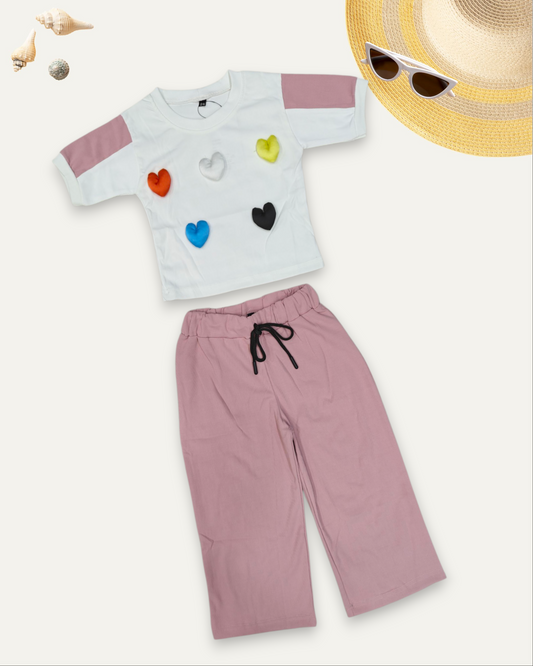 GIRLS HEART PATCH WORK CO-ORDS ET (4-12 YEARS) (PEACH)