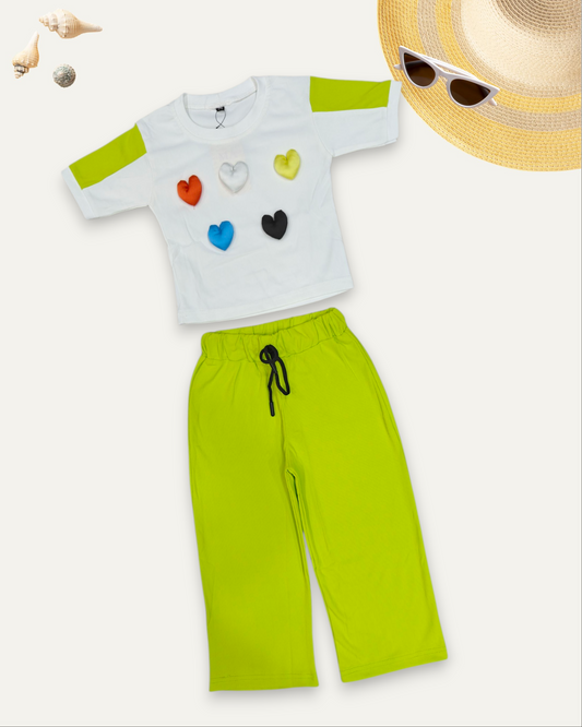 GIRLS HEART PATCH WORK CO-ORD SET (4-12 YEARS) (LIME GREEN)