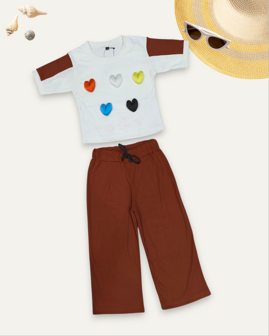 GIRLS HEART PATCH WORK CO-ORD SET (4-12 YEARS) (BROWN)